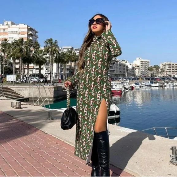 zara high neck midi dress ZARA HIGH NECK LONG SLEEVE PRINTED MIDI DRESS SIZE XS LIMITED Edition